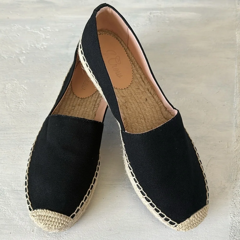 J. Crew SU22 Canvas Espadrille Flat Shoes Sz 10 Black Jute Soles Classic Slip On